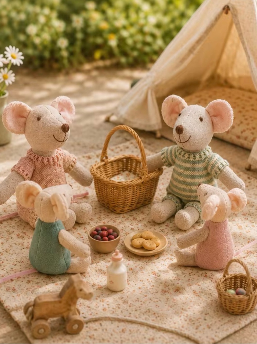 Plush Picnic Mouse Family Set - Pastel Pink & Green